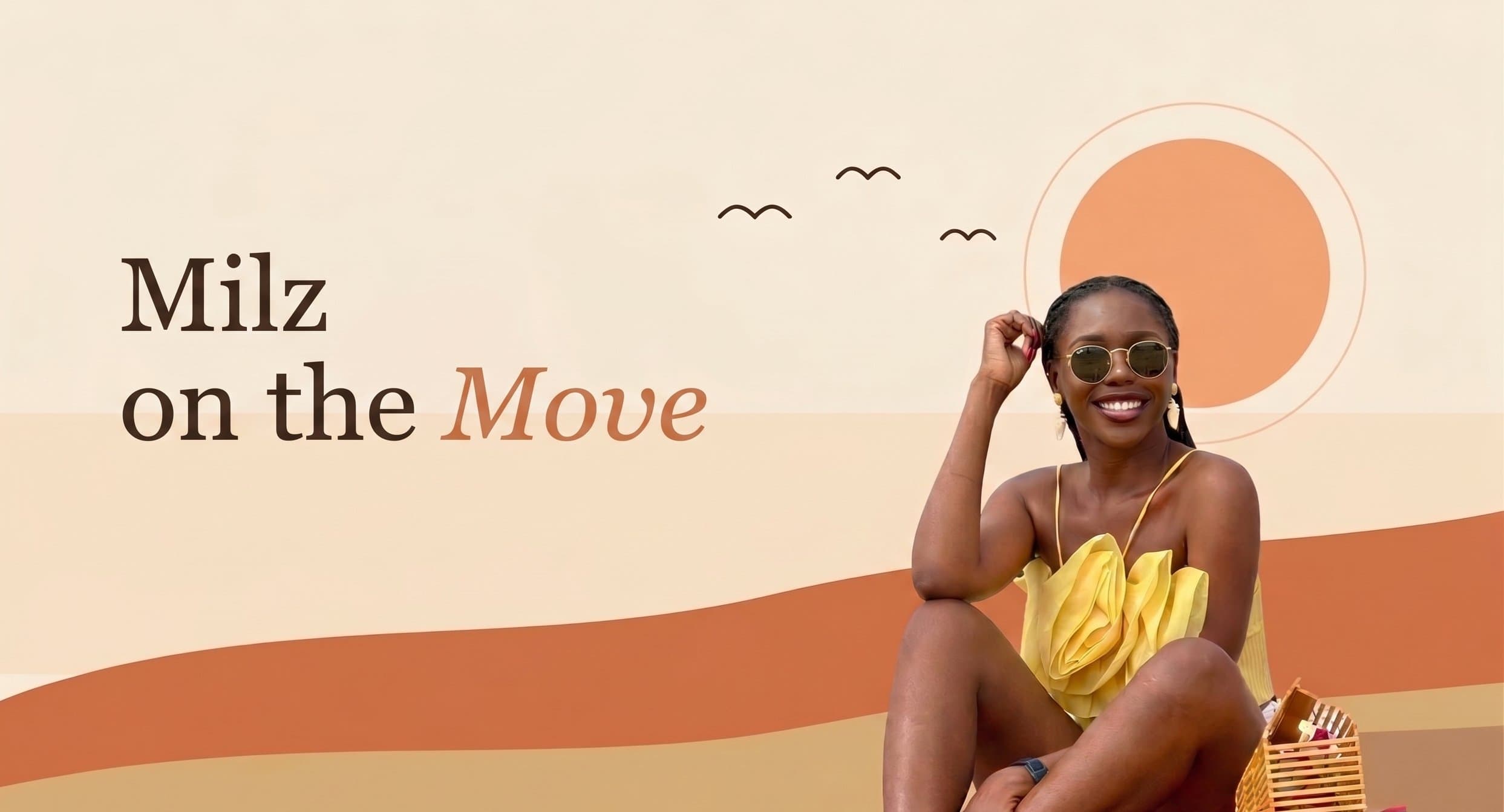 Smiling traveller in a yellow outfit and sunglasses sitting on warm-toned sand against a stylized sun and cream sky